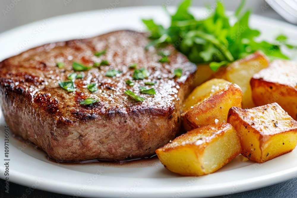 Savory steak served with roasted potatoes and fresh salad on a white plate Savory steak served with roasted potatoes and fresh salad on a white plate