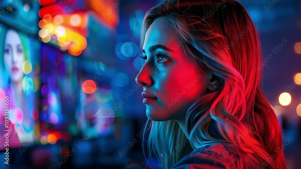 A woman gazes intently at a screen displaying a face, immersed in a vibrant, neon-lit environment. A woman gazes intently at a screen displaying a face, immersed in a vibrant, neon-lit environment.