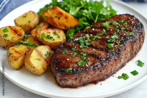 Savory steak served with roasted potatoes and fresh salad on a white plate