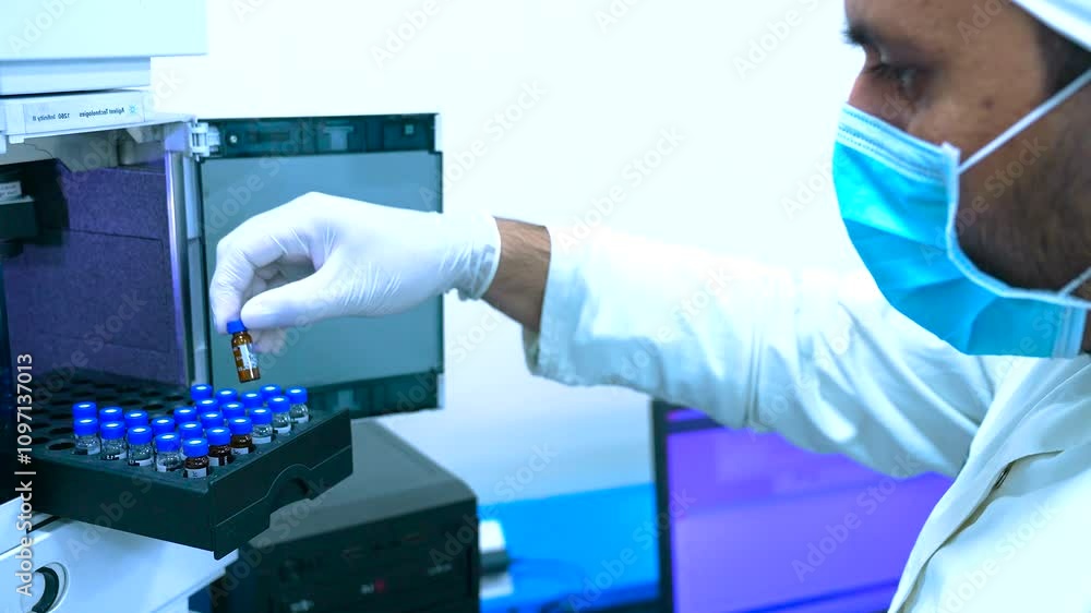 HPLC machine science experiment Vials filling inside an autosampler of an HPLC machine inside view in a Scientific experimental laboratory for research development analysis and ipqa test study	