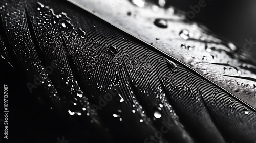 Close-up of a dark feather covered in water droplets. The monochrome palette emphasizes the texture and details.
