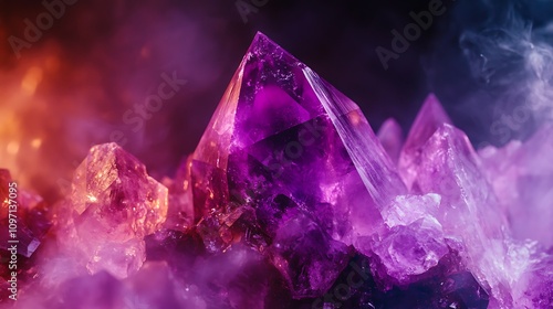 Close-up of vibrant purple crystals, illuminated with warm and cool light, creating a mystical and enchanting atmosphere.