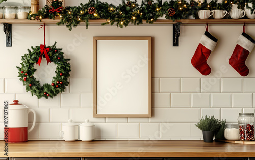 Kitchen with christmas decor and blank wooden frame