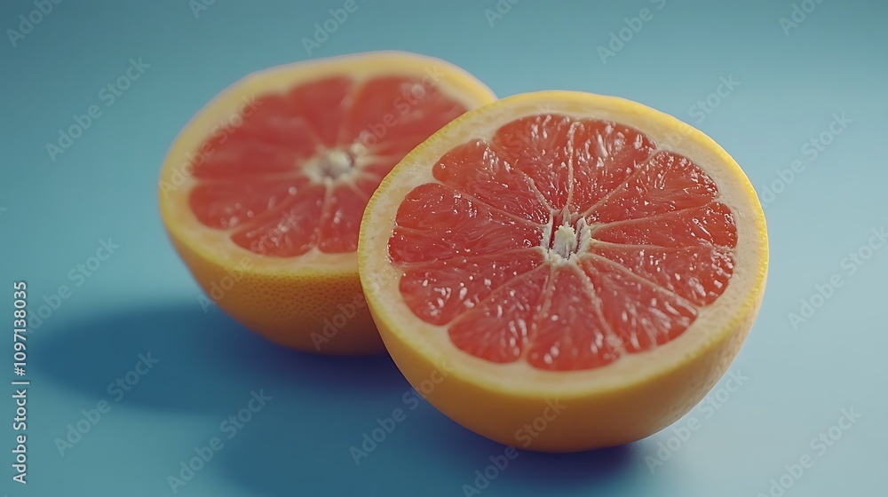 Two juicy grapefruit halves on a blue background. The vibrant red segments are illuminated, showcasing their freshness and texture. Two juicy grapefruit halves on a blue background. The vibrant red segments are illuminated, showcasing their freshness and texture.
