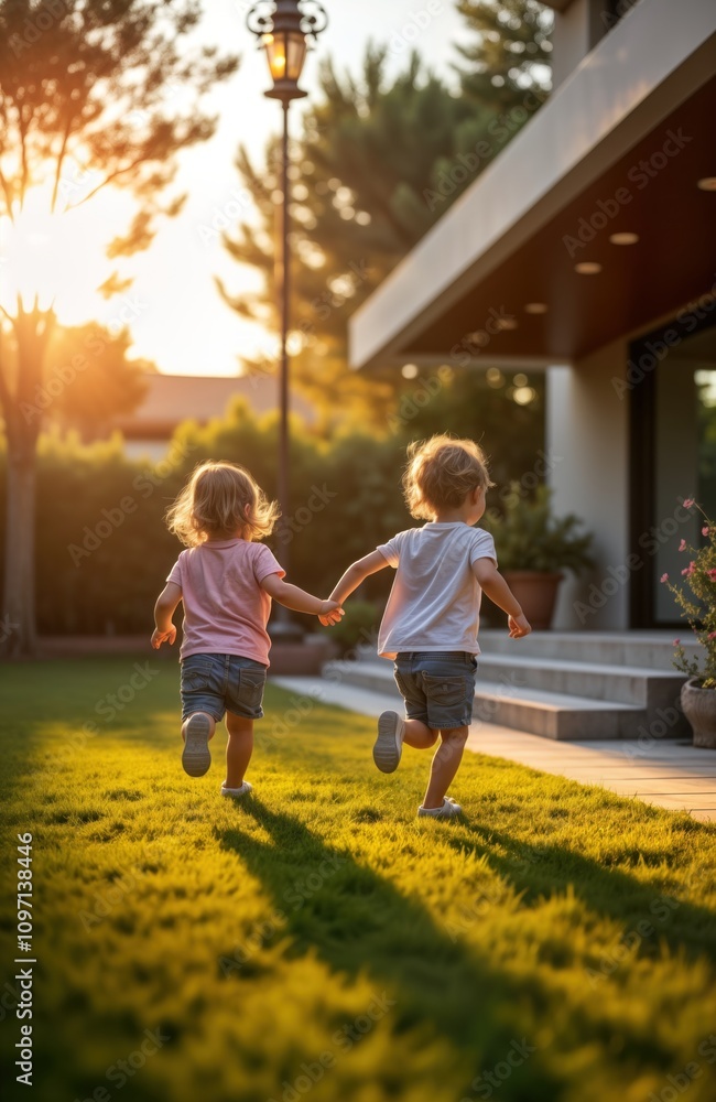 Fototapeta premium Two toddlers run holding hands in grassy garden. Modern villa background. Evening sun. Childrens leisure. Joyful kids play outdoors. Summer fun. Family happiness.