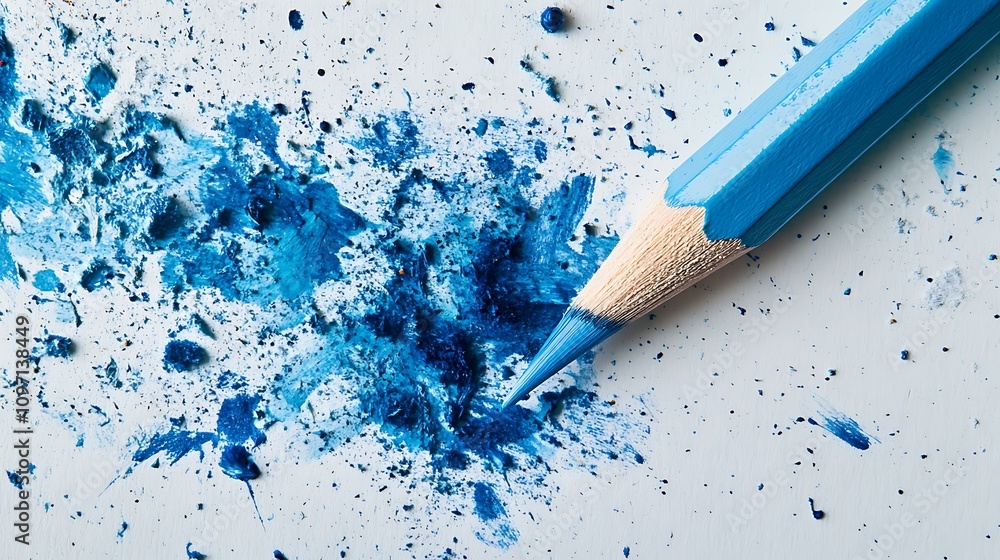 Close-up of a vibrant blue colored pencil resting on a white surface, surrounded by its colorful shavings. The scene is full of texture and artistic expression. Close-up of a vibrant blue colored pencil resting on a white surface, surrounded by its colorful shavings. The scene is full of texture and artistic expression.