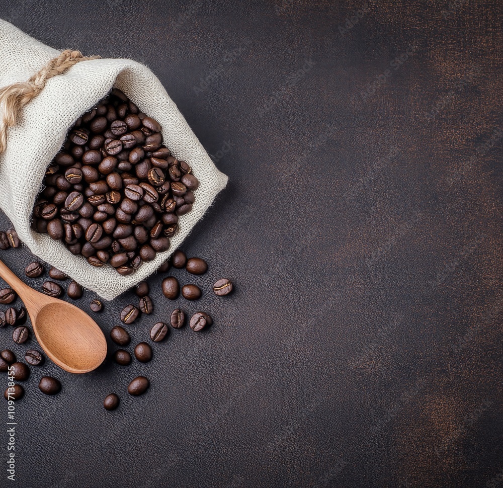 Freshly roasted coffee beans spilling from a burlap sack onto a dark surface Freshly roasted coffee beans spilling from a burlap sack onto a dark surface