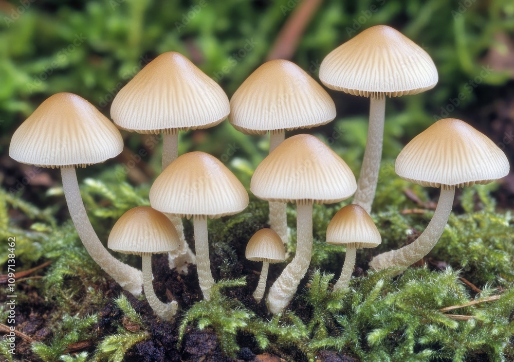 A cluster of small, light-colored mushrooms growing in a mossy environment. A cluster of small, light-colored mushrooms growing in a mossy environment.