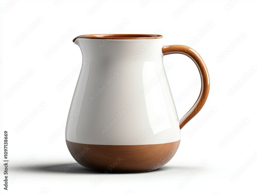 Elegant ceramic milk jug with wooden base and handle Elegant ceramic milk jug with wooden base and handle