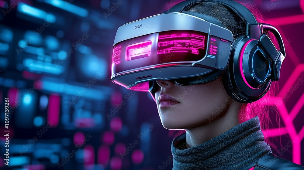 In a futuristic scene, a woman wearing a VR headset is bathed in neon red light, experiencing advanced technology in a sci-fi environment. In a futuristic scene, a woman wearing a VR headset is bathed in neon red light, experiencing advanced technology in a sci-fi environment.