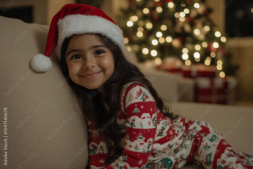 Portrait of a cute girl in pajamas with a Santa hat, sitting on a sofa, smiling at the camera, with a Christmas tree in the background and copy space. Banner, web, or blog about Christmas and kids. Portrait of a cute girl in pajamas with a Santa hat, sitting on a sofa, smiling at the camera, with a Christmas tree in the background and copy space. Banner, web, or blog about Christmas and kids.