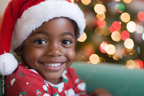 Portrait of an Afro-American boy in pajamas and a Santa hat, smiling at the camera with excitement. Christmas, childhood, and happiness.