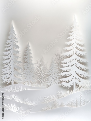 Delicate white paper silhouettes depict a tranquil winter forest filled with tall trees and soft snow, evoking a sense of calm and beauty. Generative AI