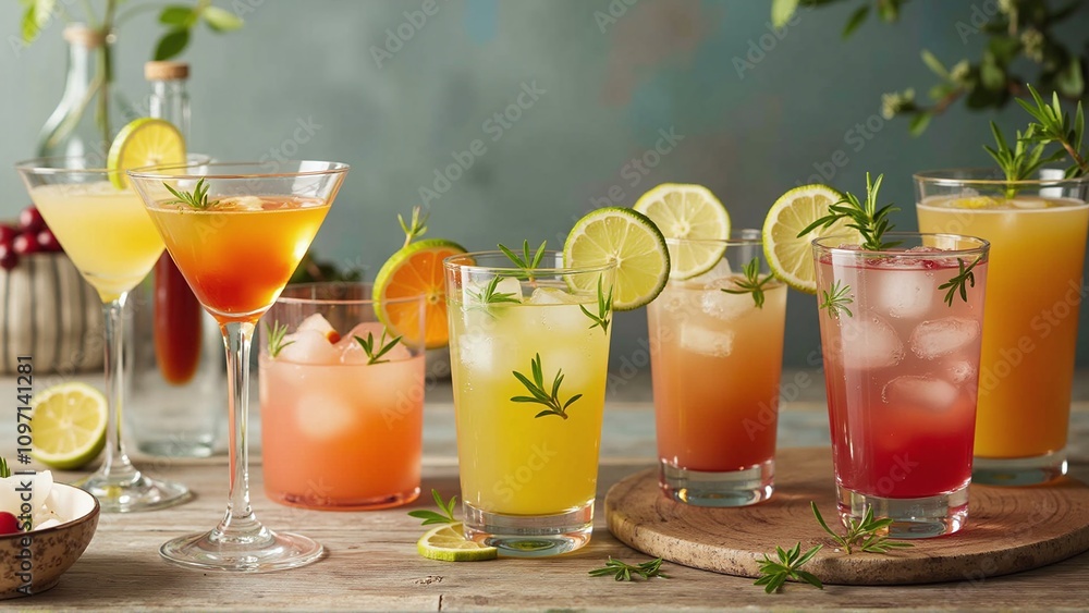 Fototapeta premium An assortment of glasses with summer cocktails and decorated with herbs and fruits