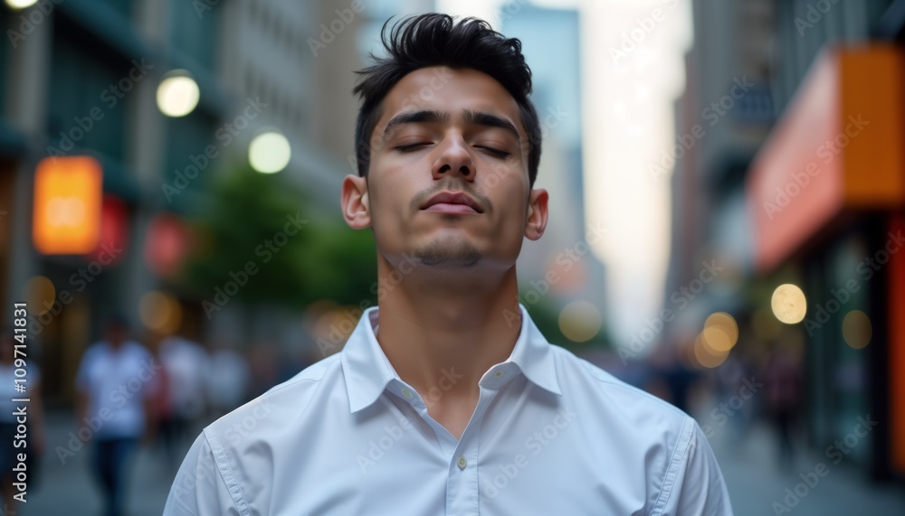 Young man in white shirt stands in city. Eyes closed. Peaceful expression. Urban background. Casual style. Modern fashion. Man portrait. Calm mood. Contemplation. Serene face. Young man in white shirt stands in city. Eyes closed. Peaceful expression. Urban background. Casual style. Modern fashion. Man portrait. Calm mood. Contemplation. Serene face.