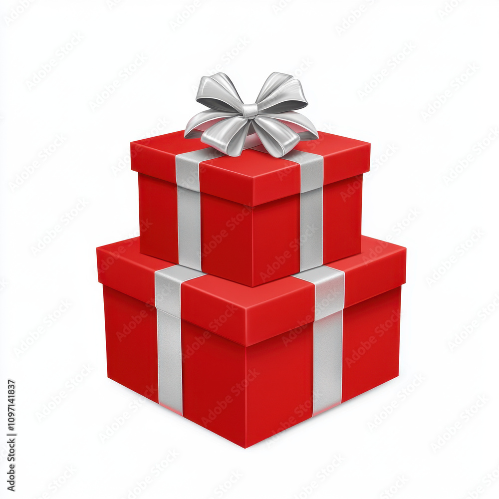 Two red gift boxes with silver ribbon and bow stacked on top of each other on a white background Two red gift boxes with silver ribbon and bow stacked on top of each other on a white background