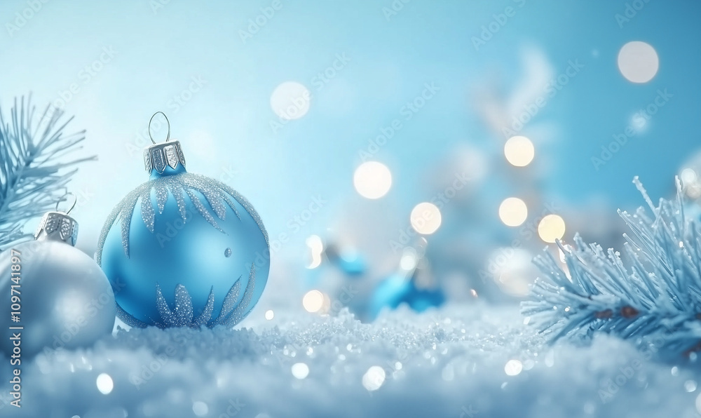 New Year and Christmas decorations, balls and Christmasmas tree on blue light background, generated ai New Year and Christmas decorations, balls and Christmasmas tree on blue light background, generated ai