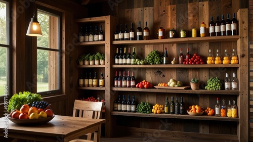 Rustic wooden shelves filled with wine bottles, fresh produce, and preserves in a farmhouse kitchen.