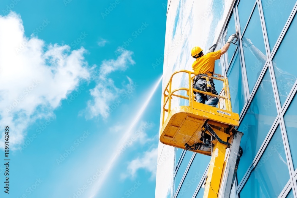 Worker on a lift cleaning a glass building facade with a pressure washer. Worker on a lift cleaning a glass building facade with a pressure washer.