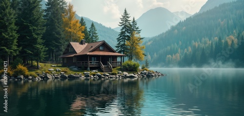Fototapeta Naklejka Na Ścianę i Meble -  Lake house sits on secluded island. Mountain lake shore. Wooden house in forest. Calm water reflects trees. Scenic nature view. Summer vacation home. Cozy retreat. Peaceful environment. Perfect