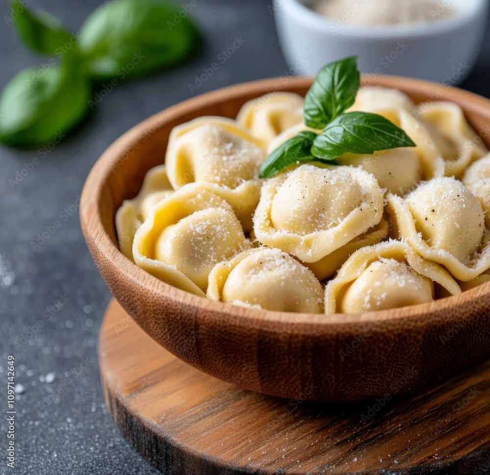 Fresh tortellini on a wooden board with basil and cheese on a gray countertop Fresh tortellini on a wooden board with basil and cheese on a gray countertop