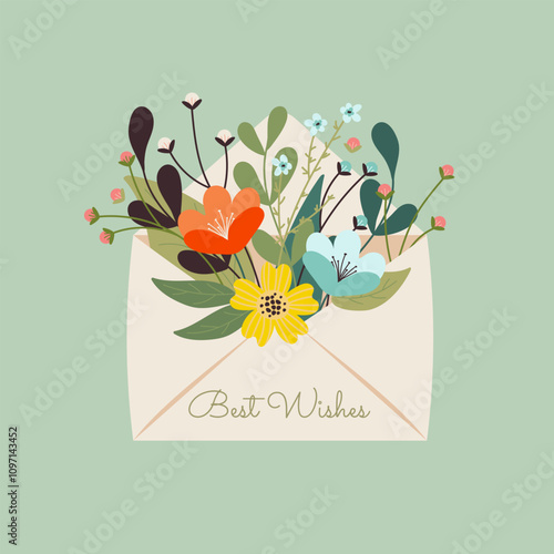 a card with flowers and a card that says "best wishes". Mother's day, women's day gift. Hand-drawn trendy letter with flowers inside. Modern greeting concept. Beautiful floristics. Botanical elements.