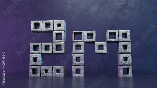 Abstract arrangement of concrete shaped number two millions, 3D 2M photo