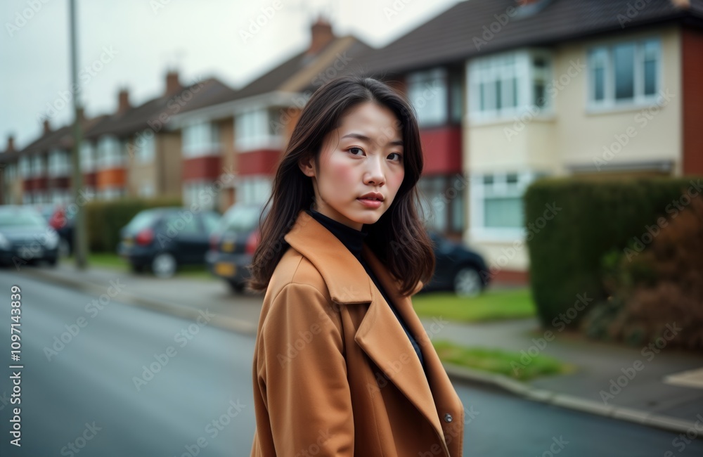 Asian woman stands street. She wears brown coat. Suburban houses background. Mature woman portrait. Serious face. 40s 50s female. Mother. Chinese Japanese Korean American. Sad expression. Asian woman stands street. She wears brown coat. Suburban houses background. Mature woman portrait. Serious face. 40s 50s female. Mother. Chinese Japanese Korean American. Sad expression.