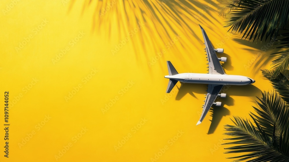 Airplane resting on a vibrant yellow surface surrounded by lush palm leaves in tropical setting Airplane resting on a vibrant yellow surface surrounded by lush palm leaves in tropical setting