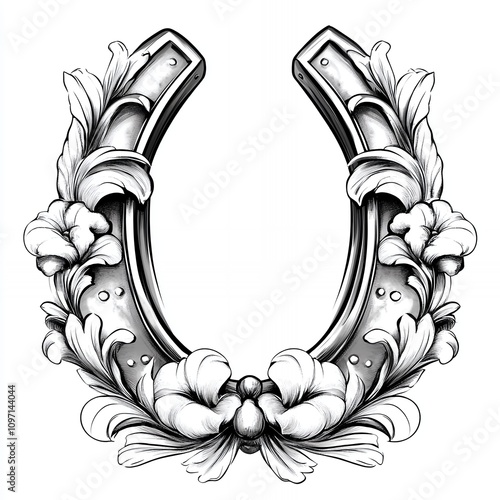 Intricate Design Featuring a Floral Horseshoe Illustration With Elegant Detailing and Decorative Elements