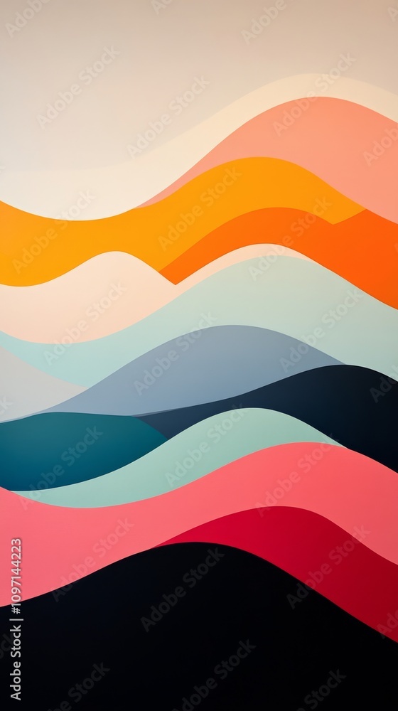 Colorful abstract landscape featuring flowing waves and a bright sun on the horizon at sunset Colorful abstract landscape featuring flowing waves and a bright sun on the horizon at sunset