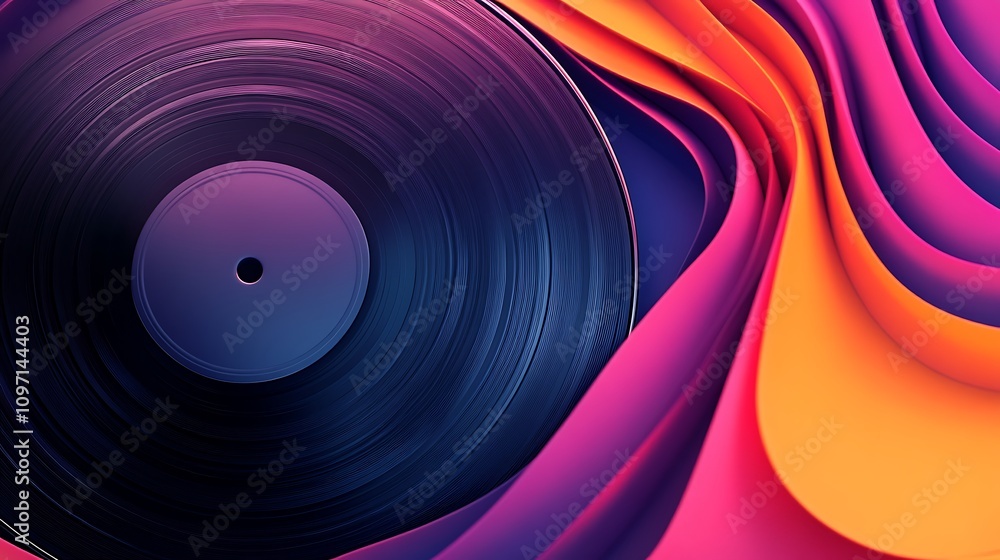 A vinyl record rests on vibrant, swirling waves of color. The deep purples, pinks, and oranges create a dynamic and artistic backdrop. A vinyl record rests on vibrant, swirling waves of color. The deep purples, pinks, and oranges create a dynamic and artistic backdrop.