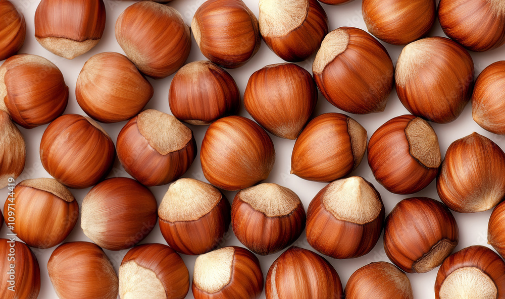 A close-up view of glossy, brown hazelnuts scattered on a light background, showcasing their smooth texture and natural sheen. A close-up view of glossy, brown hazelnuts scattered on a light background, showcasing their smooth texture and natural sheen.
