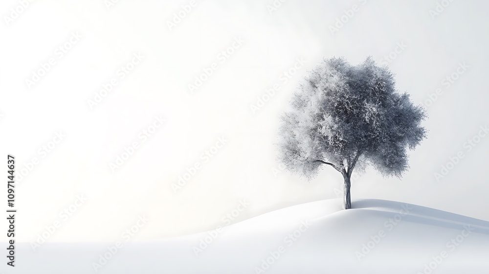 Fototapeta premium Serene winter landscape featuring a snow-covered tree standing alone on a gently sloping hill. The soft, muted colors create a peaceful atmosphere.