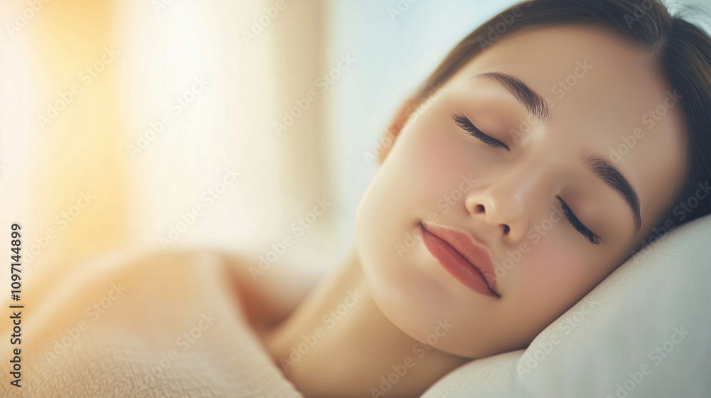 A serene and peaceful close-up of an adult woman sleeping peacefully in her bed A serene and peaceful close-up of an adult woman sleeping peacefully in her bed