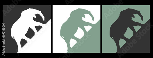 Set of three pictures with elephant silhouette in different colors: white on dark, olive on dark, olive on white