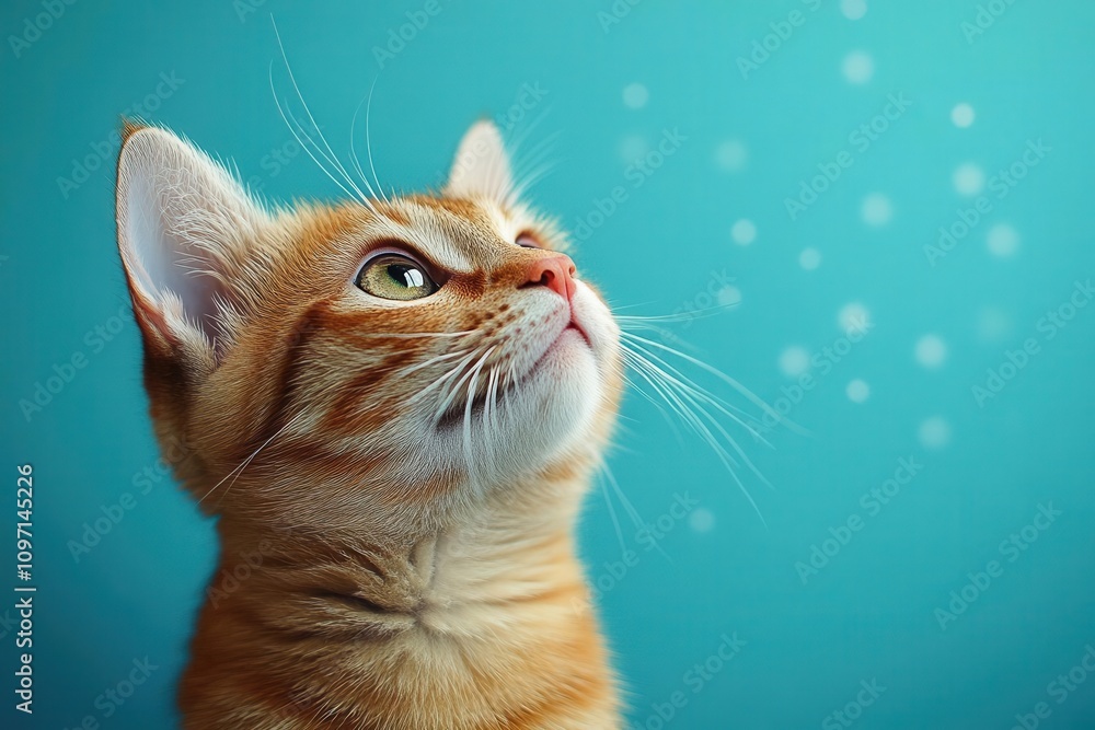 whimsical banner featuring a curious cat gazing upwards against a solid blue background, capturing the playful and endearing nature of pets in a delightful and eye-catching design
