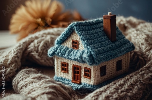 Knitted House on a Scarf Representing Home Insurance, Real Estate, and Property, Concept of Coziness and Protection, With a Bokeh Background.	