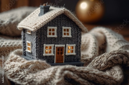 Knitted House on a Scarf Representing Home Insurance, Real Estate, and Property, Concept of Coziness and Protection, With a Bokeh Background.	
