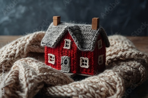 Knitted House on a Scarf Representing Home Insurance, Real Estate, and Property, Concept of Coziness and Protection, With a Bokeh Background.	