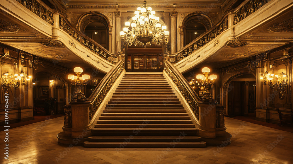 Obraz premium Elegant lighting fixtures adorn a grand staircase in a luxury hotel lobby, setting the stage for a timeless and sophisticated ambiance