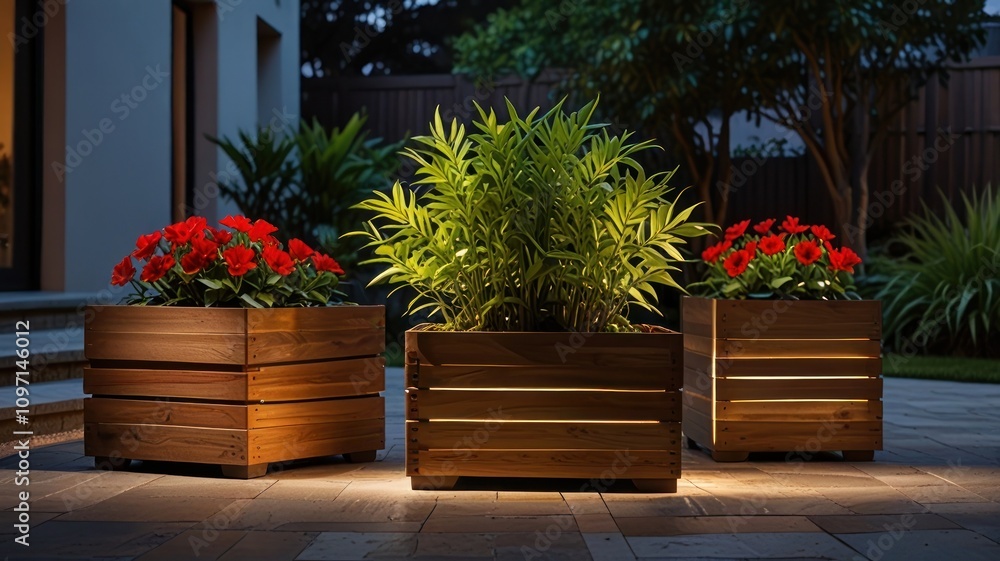 Three illuminated wooden planters with red flowers and green plants in a backyard at night. Three illuminated wooden planters with red flowers and green plants in a backyard at night.