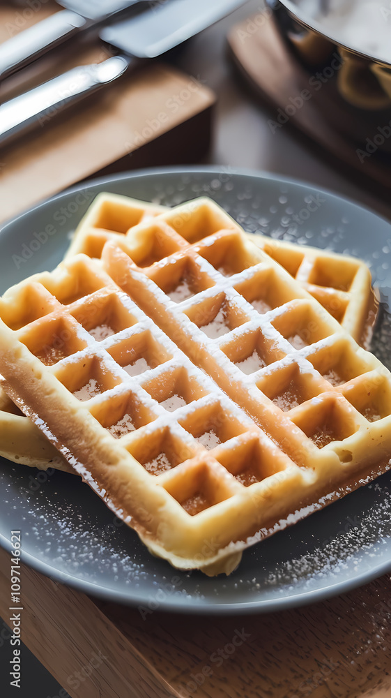 Two golden-brown waffles, dusted with powdered sugar, are arranged on a dark gray plate. The waffles exhibit a crisp texture and distinct grid pattern. A blurred background suggests a kitchen setting Two golden-brown waffles, dusted with powdered sugar, are arranged on a dark gray plate. The waffles exhibit a crisp texture and distinct grid pattern. A blurred background suggests a kitchen setting