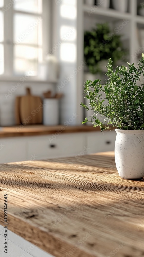 Simple kitchen scene with wooden table and flower vase surrounded by natural decor Simple kitchen scene with wooden table and flower vase surrounded by natural decor