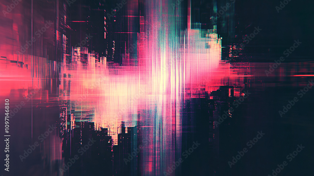 Fototapeta premium Create a futuristic cityscape with glitch art effect, distorted digital elements, and vibrant colors for technology or cyberpunk themes