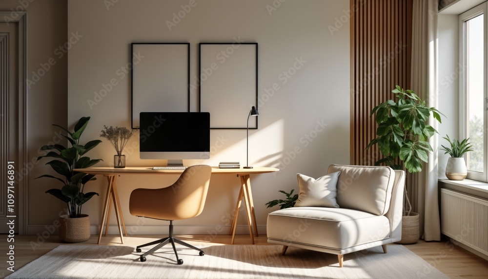 Modern home office setup features ergonomic chair desk plants. Stylish workspace design includes contemporary decor. Bright sunlight illuminates room. Cozy and productive environment for remote work. Modern home office setup features ergonomic chair desk plants. Stylish workspace design includes contemporary decor. Bright sunlight illuminates room. Cozy and productive environment for remote work.