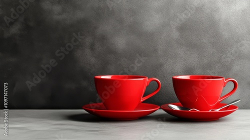 Red coffee cups on gray table against dark background create an inviting atmosphere for relaxation