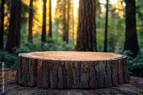 A tree stump in the middle of a forest at sunset