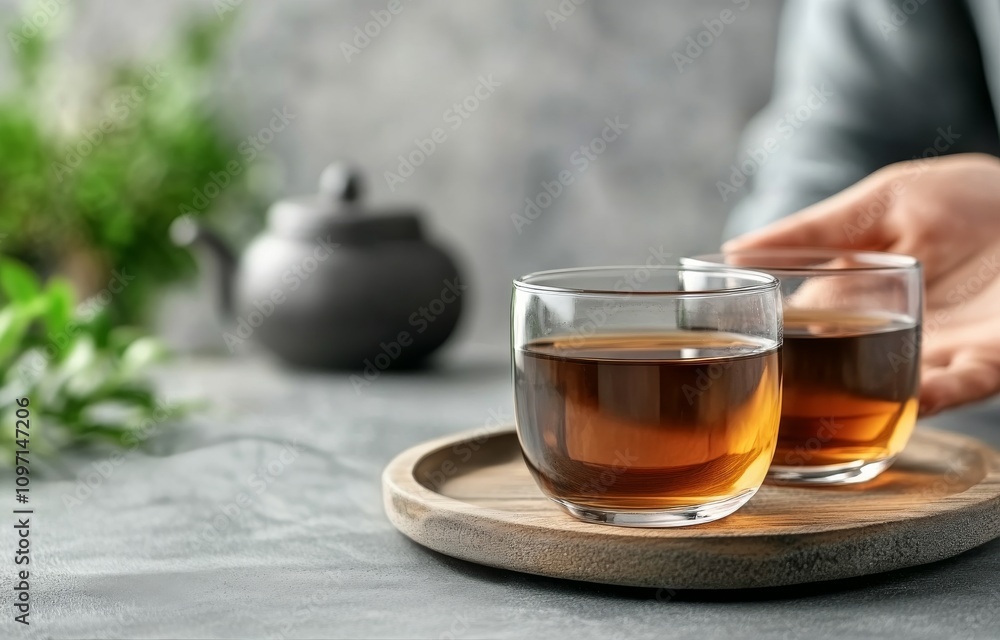 Enjoying freshly brewed tea in clear glass cups on wooden coasters Enjoying freshly brewed tea in clear glass cups on wooden coasters