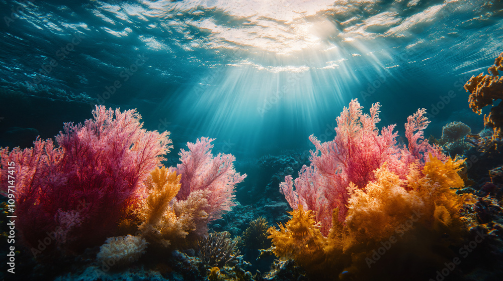 Fototapeta premium Colorful soft corals thriving under sunbeams on a tropical coral reef's ocean floor